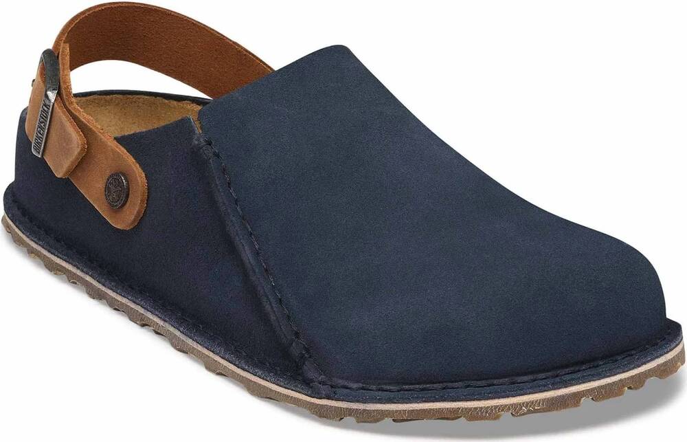NEW BIRKENSTOCK women's lutry premium suede clog in new navy/cognac